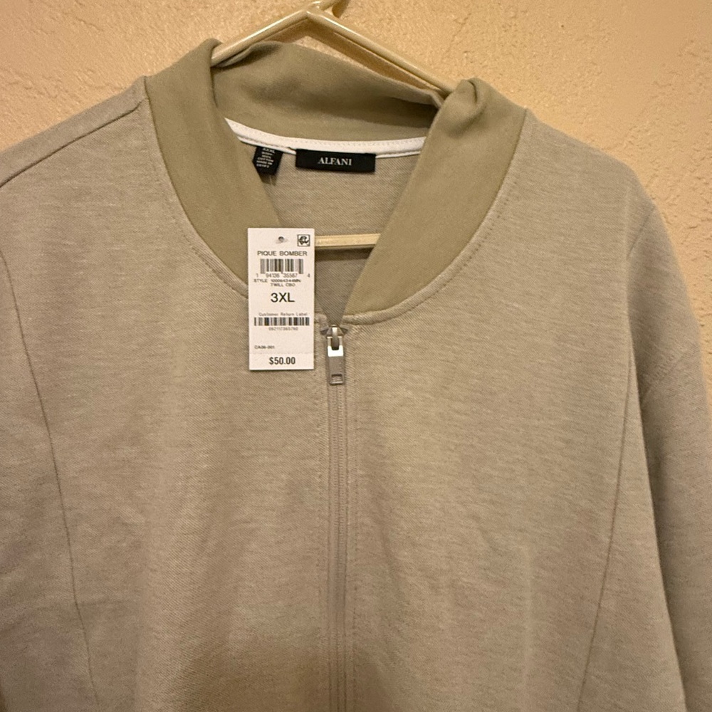 Alfani Men’s zip down cotton sweater. Tan taupe color . Size 3x large .